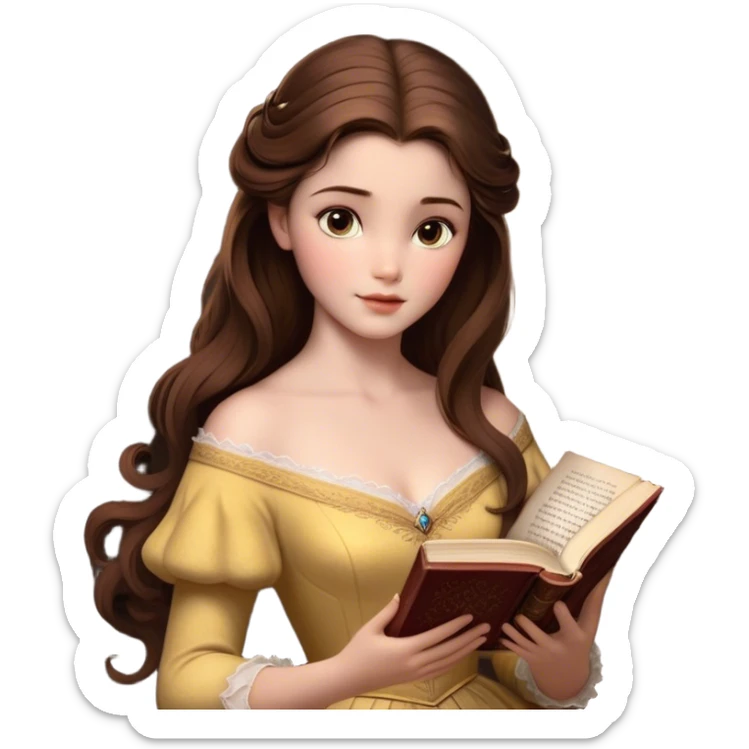 Cinematic Realistic Belle Portrait, depicted with lifelike skin texture, soft natural lighting, and intricately detailed brown hair styled elegantly. Her deep, expressive eyes exude warmth and intelligence, complemented by a serene and graceful expression. She gently holds a book in one hand, her other hand resting at her side, radiating an aura of beauty and intellect. She is dressed in her classic yellow ball gown, the fabric rich in texture with delicate folds that catch the light beautifully. The portrait features a soft, enchanting glow with a natural, radiant finish, capturing the essence of timeless beauty in a realistic and painterly style, evoking a sense of depth and authenticity. sticker