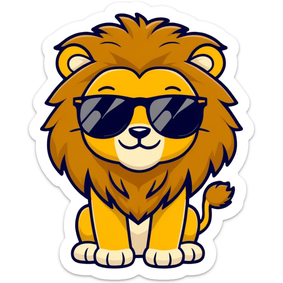 whimsical lion emoji with full mane in golden brown shades, wearing fashionable sunglasses with mirror-like lenses, expressive playful face, big smile, minimal clean background sticker