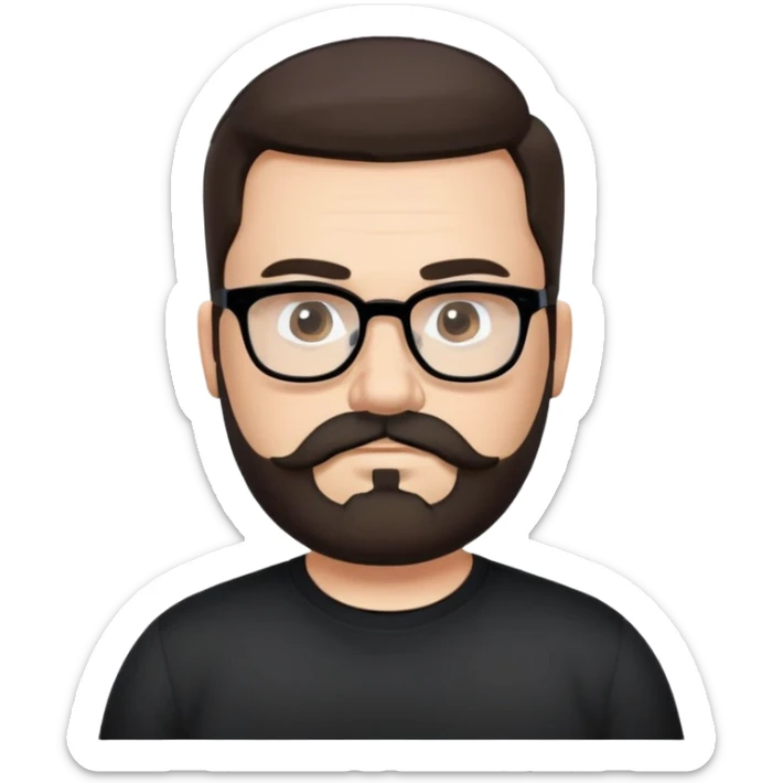 Caucasian male, chubby, longer hair straight dark brown hair combed back, thick dark eyebrows, rectangular black eyeglasses, full beard and mustache neatly groomed, neutral facial expression, wearing a black crew neck shirt. sticker