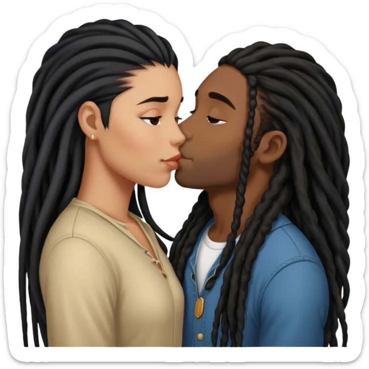 Latina Woman with long hair kissing a young black guy with dreads no beard sticker