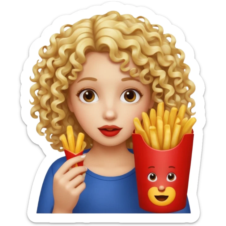 Blonde girl with curly hair eating french fries sticker