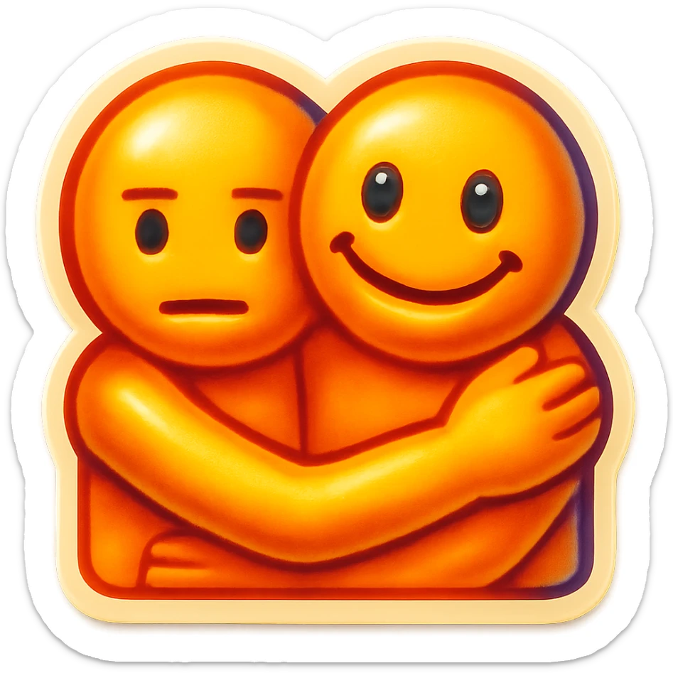Edit the neutral poker face emoji gently hugging another emoji, with a weird smile, keep the background transparent. sticker