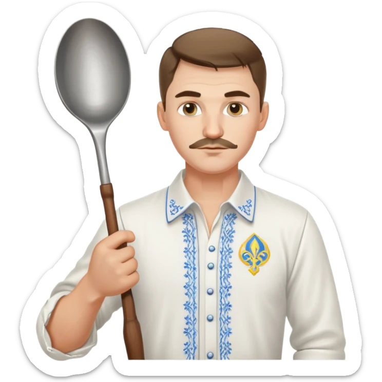 Ukrainian man in traditional white embroidered shirt holding a ladle and kitchen shears sticker
