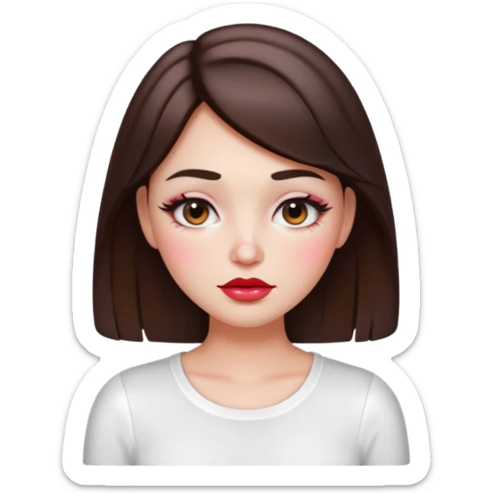“Emoji brunette girl white top, dewy skin, heavy blush across cheeks and nose bridge, glossy cherry lips, soft eyeliner, teary sparkling eyes like hanni from new jeans sticker