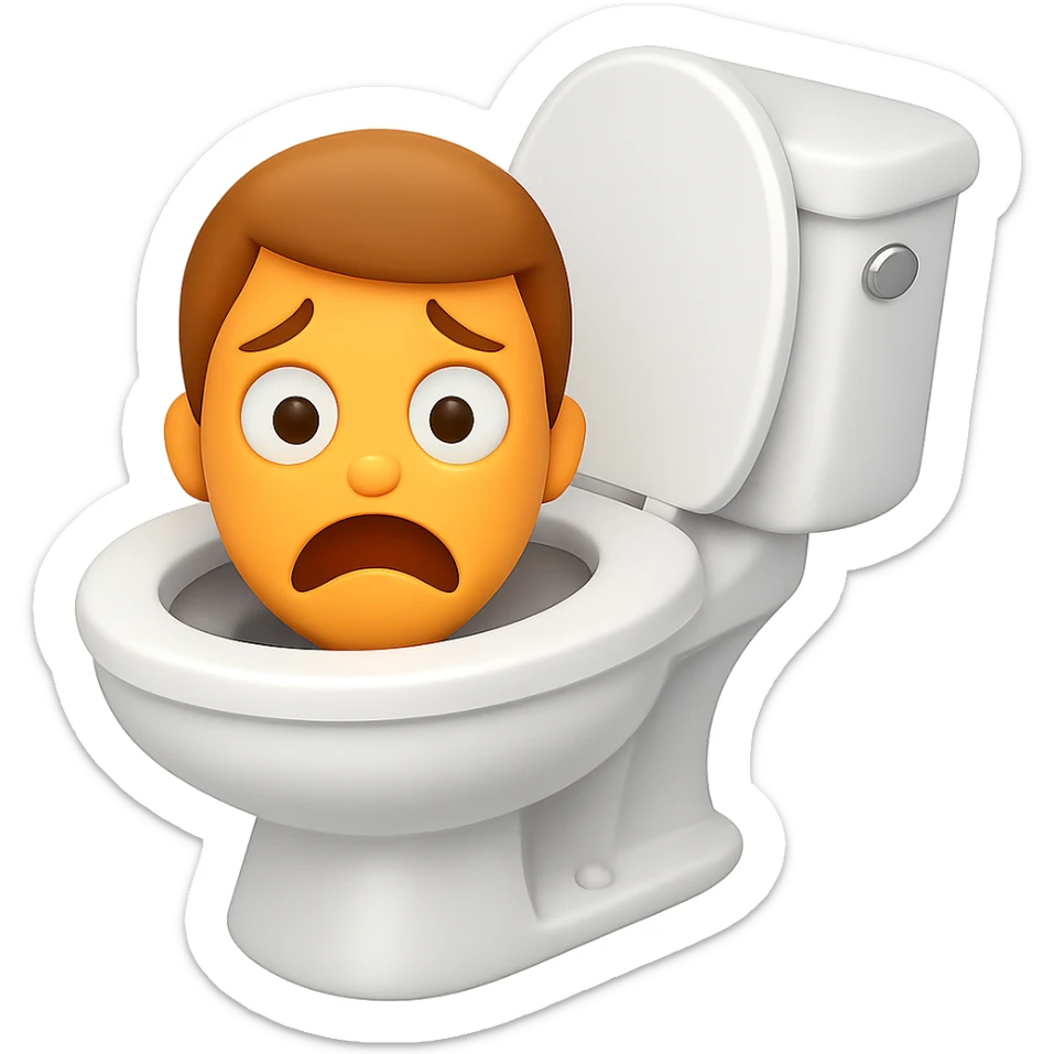 Create an image in the style of apple emojis of a toilet with a cartoonish, exaggerated head emerging from the bowl, looking scared with raised eyebrows and frowning mouth. Use a transparent background. sticker