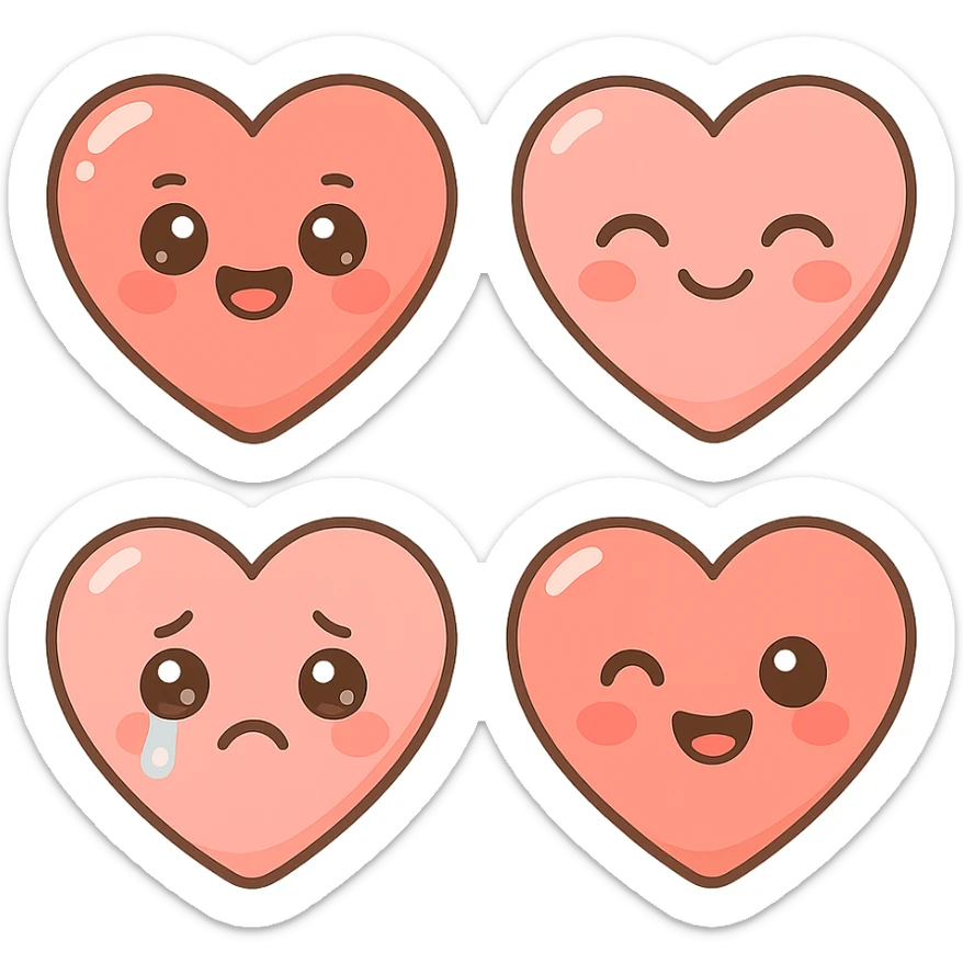 A series of illustrations heart in a kawaii emoji style, with detailed shading and highlights, thin clean outlines, soft and rounded features. Pastel color palette using  #FE655F, #F4A6A6,#FECDC9 The style is inspired by modern Japanese pop art and sticker aesthetics. Highly detailed, vector clarity, soft lighting and subtle shadows. Transparent background without background. sticker