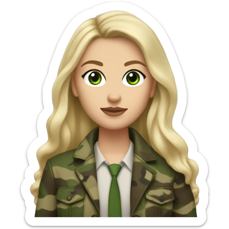 White girl with Long blonde hair and green eyes, camouflage Wool oversize blazer, mini skirt and Brown leather boots  sticker