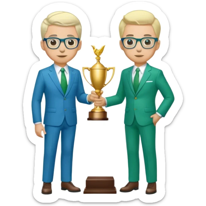 Full Body white  2 x male  wearing glasses with a goatee with light blonde and gray very short hair basketball head Coach in blue and green suit holding trophy sticker