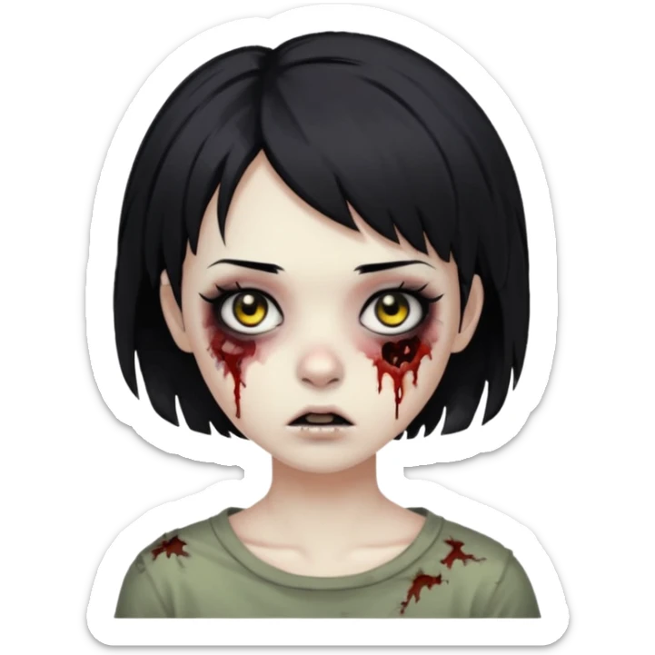 Zombie girl with messy black short hair with lashes and torn cheek and calm face sticker