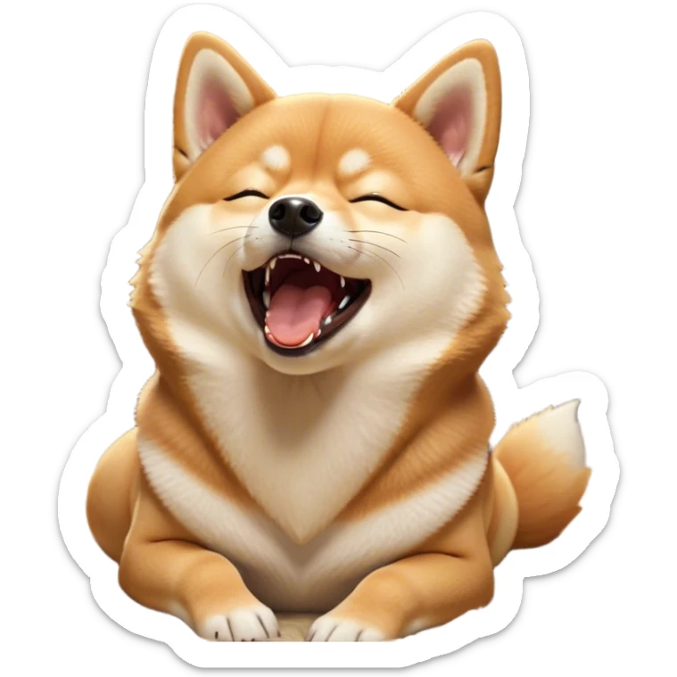 Cinematic Cute Yawning Shiba Inu Portrait Emoji, Head tilted slightly with a dramatic, wide-open yawn, showcasing a vibrant fur with a soft creamy underbelly, floppy ears slightly drooping, round brown eyes barely open in drowsy contentment, Simplified yet irresistibly adorable features, highly detailed, glowing with a soft, cozy glow, high shine, relaxed yet expressive, stylized with a touch of whimsy, bright and endearing, soft glowing outline, capturing the essence of a sleepy yet affectionate companion, so drowsy it feels like it could stretch out of the screen and curl up for a nap! sticker