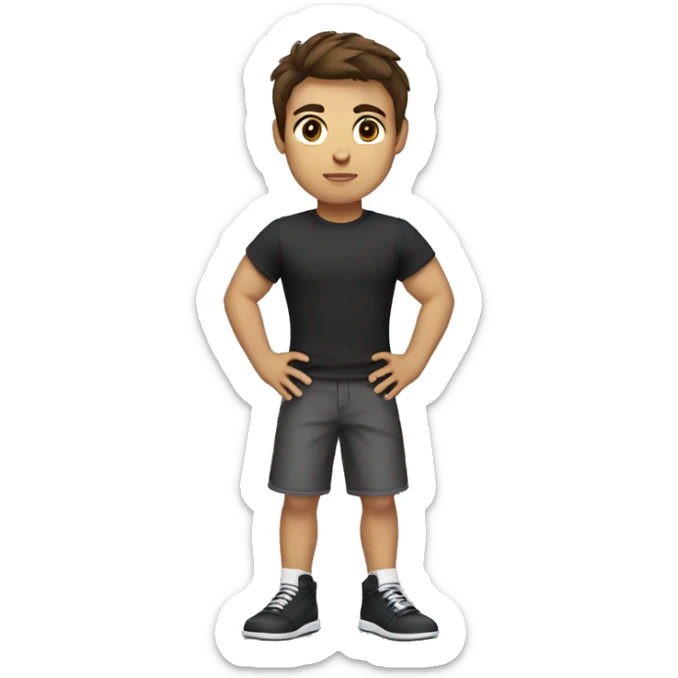 A boy with a tshirt and brown hair and black shoes and brown eyes and with a kickbox sticker