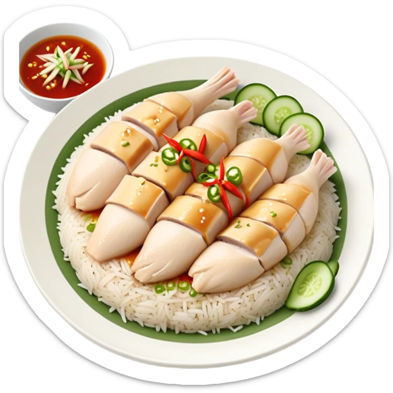Singapore Hainanese chicken rice with sliced chicken, fragrant rice, cucumber and chili sauce sticker