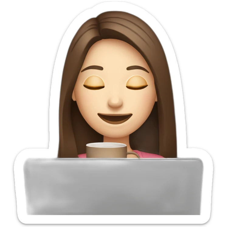 smiling woman with middle brown straight long hair and pale skin eyes closed behind a laptop sipping coffee from a mug sticker
