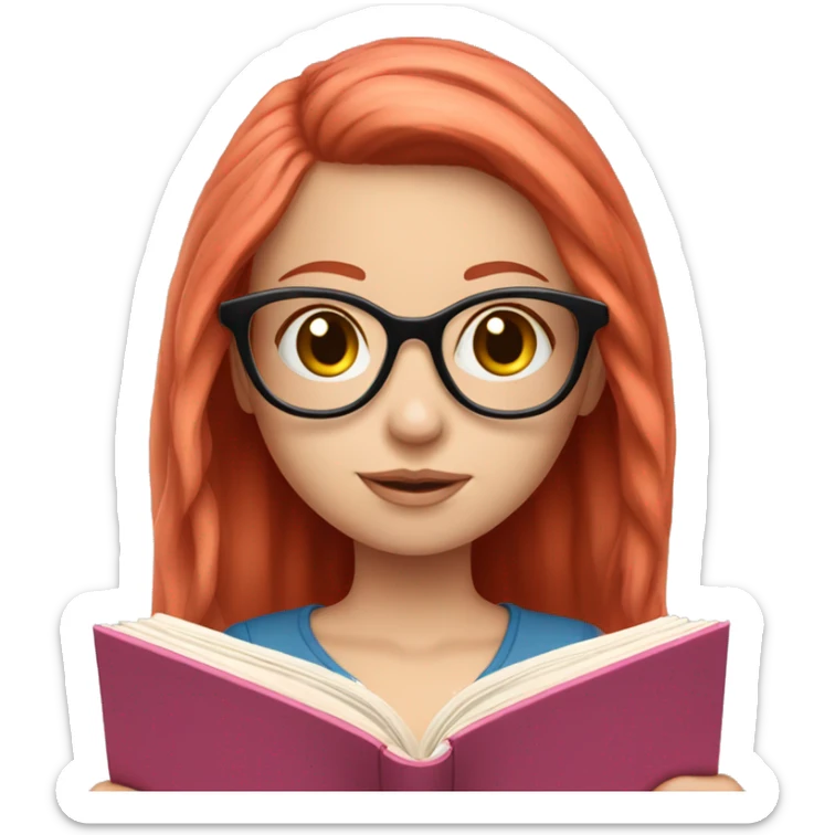 Pale girl with red hair and glasses reading a book she’s got a cute pink outfit sticker