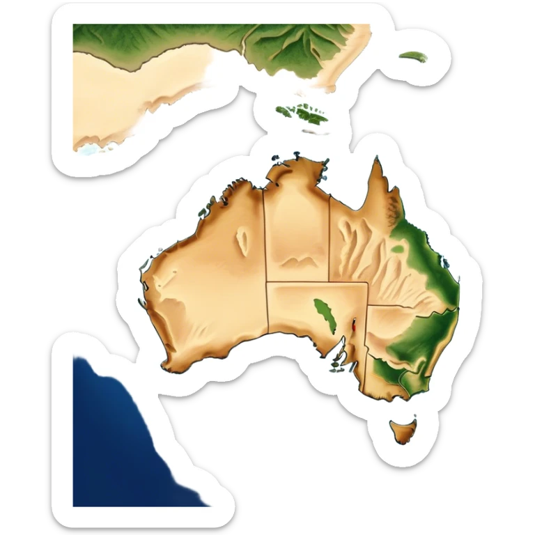Outline and Landmass of Australia – Cinematic-realistic map of Australia, featuring its distinct coastline and iconic landmass shape. The deep blue ocean surrounds the golden-brown continent, with subtle topographic details highlighting its vast deserts, lush forests, and rugged coastline. A soft glow accentuates the edges, making the shape unmistakable. sticker