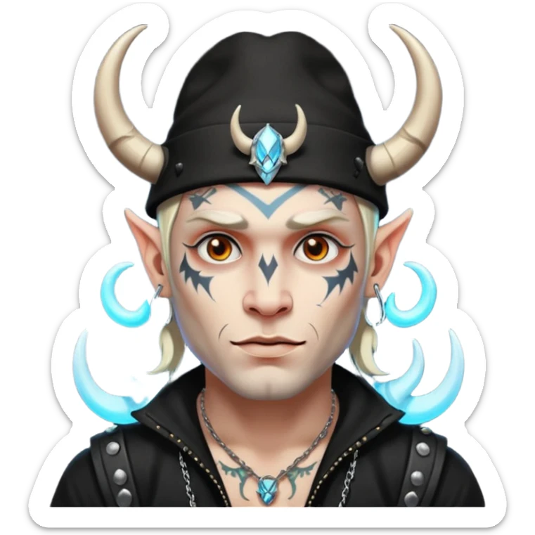 white skin Rock-style man — piercings, glowing tattoos on face, black hat with horns sticker