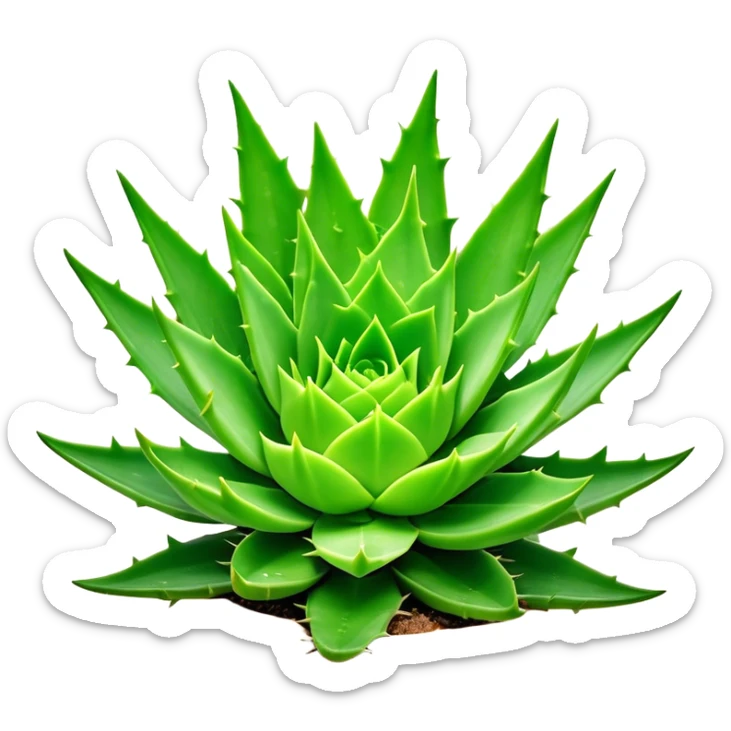 Cinematic Realistic Aloe Vera Emoji, Plump and succulent, with thick, fleshy leaves arranged in a star-like rosette. The vibrant green leaves have a slightly spiky texture, exuding a sense of resilience and healing. Soft glowing outline, capturing the essence of natural wellness and desert vitality in a flourishing aloe vera plant! sticker