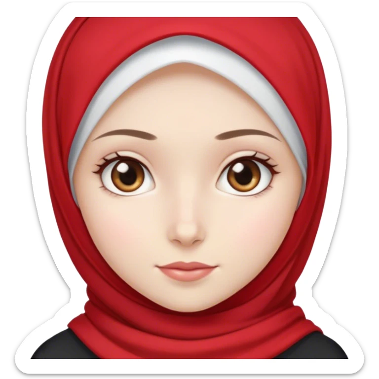 Muslim girl wearing a red hijab and black full shirt She has white skin, light brown eyes, and a cute face sticker