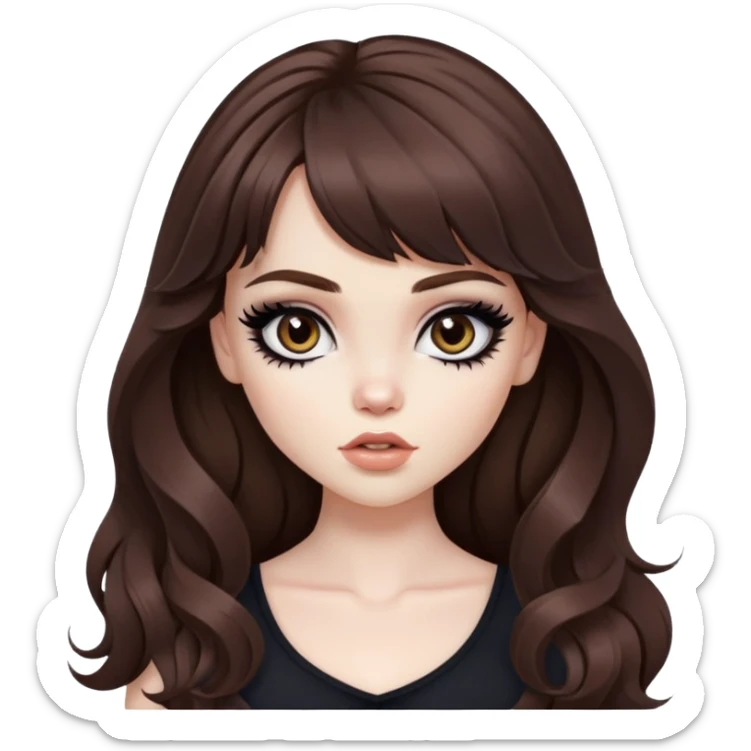 wavy brown long bangs hair, pale skin, dark black iris, pretty bratz baddie, strong black eyeliner sticker