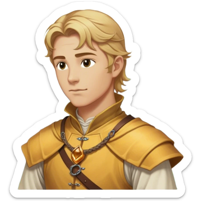 Medieval summer outfit worn by a DnD themed fantasy male character. Character has honey blonde hair swept back from the temples, reaching the nape of the neck with natural waves throughout. sticker