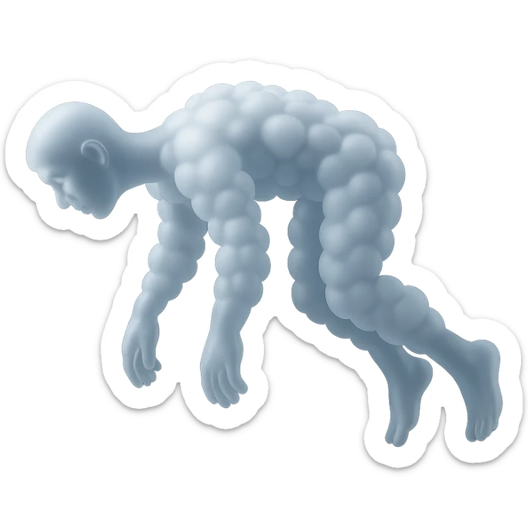 side view of unconscious person flying upwards by torso, legs and arms downwards, made of small very bright white fluffy convex clouds, matte glass style sticker