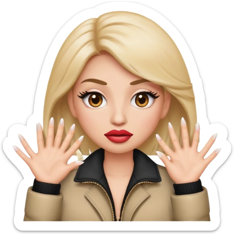 face emoji with big lips makin a face and big eyelashes and a jacket and the hands on the side with long nails  sticker