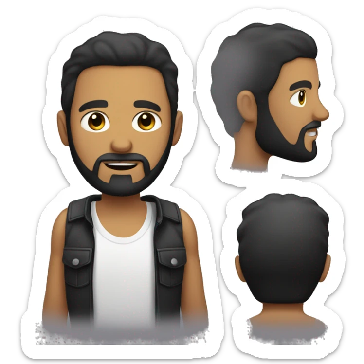 a man wit beard and black hair, your skin is white and he have an black t shirt sticker
