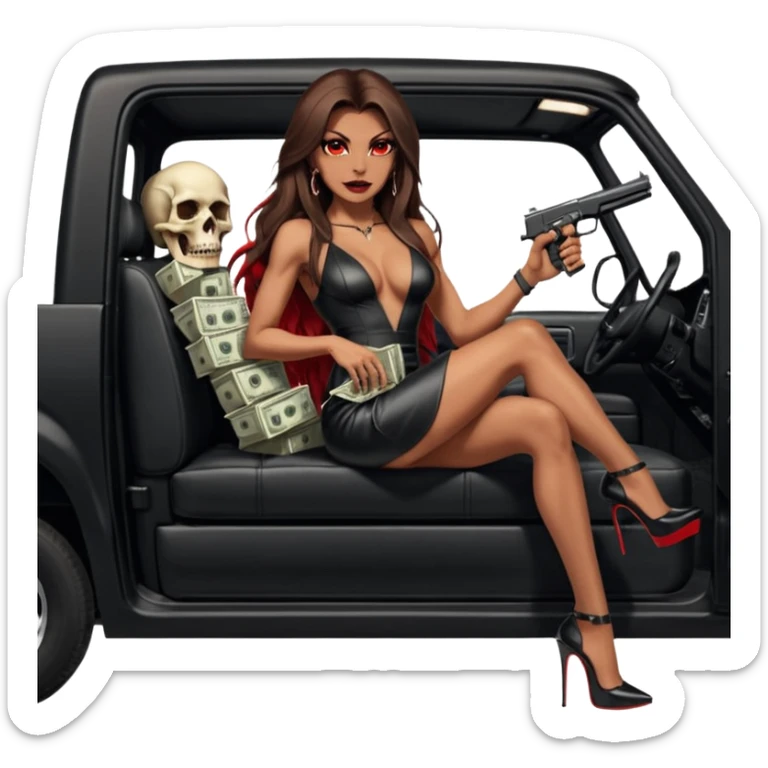 Lilith symbol red eye seductress evil long brown haired sexy succubus woman with leather long dress with slit on, sitting in Big Large F350 pickup truck. Platform long high heels on feet. Back seat full of stacks of cash, she is  Holding a man dead human skull of her enemies and a gun in other hand sticker