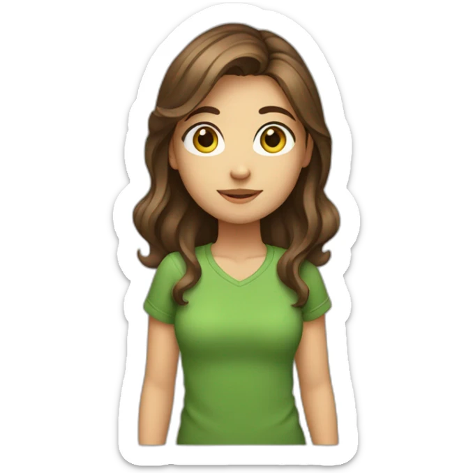 girl middle length brown hair, green t shirt, camera in the hands sticker