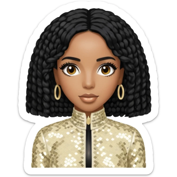 Kelly Rowland from Destiny's Child with black hair, ivory sequin outfit sticker