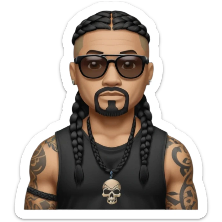 Samoan male. Chin goatee with no hair upper lip
Untucked loose fitting black t-shirt. 
long black braided hair.
very muscular.
Even More tattoos. 
Tough and menacing.
Dark black square sunglasses. sticker