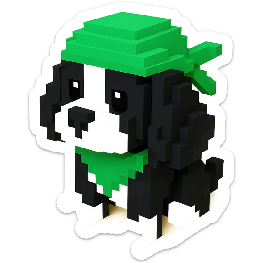 A black and white Russian Cocker Spaniel puppy wearing a green durag, voxel style, standing sticker