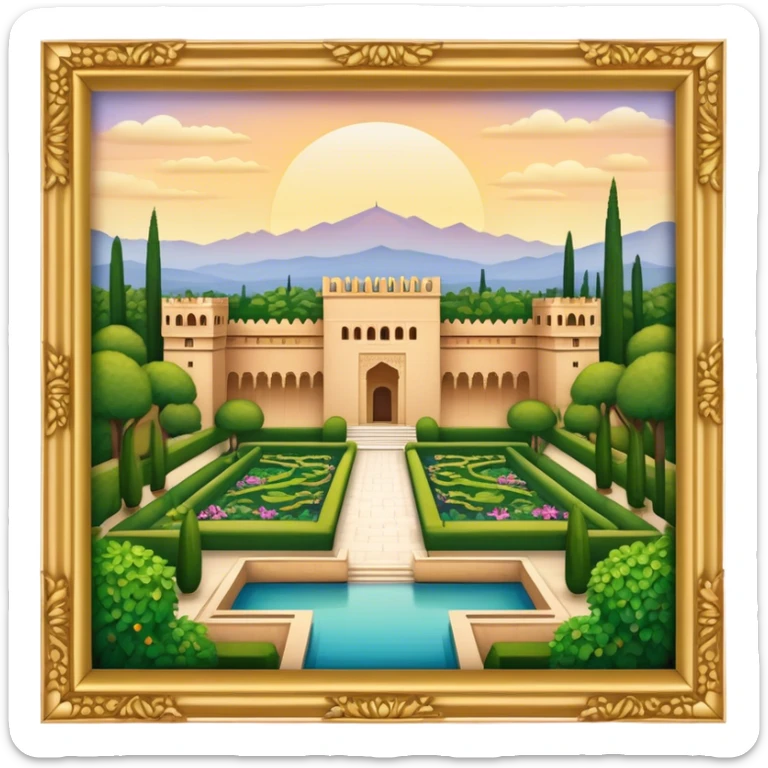Cinematic Realistic Alhambra Landmark Emoji, showcasing the ornate historic palace with lush gardens rendered with rich textures and soft, majestic lighting. sticker