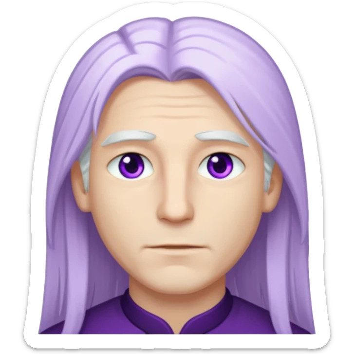 Beyaz uzun ve düz saçları olan,mor göz rengi olan, bembeyaz tenli bir erkek,genç,gözleri hafif çekik ve saçları da teni de bembeyaz olacak,genç olacak,kırışıklığı olmayacak,gözleri çekik ve mor renk olacak sticker