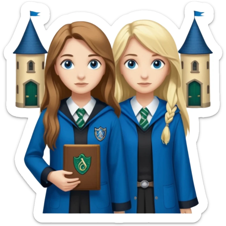 a pretty ravenclaw girl with long brown hair and blue eyes standing with a hot Slytherin girl with long blonde hair, blue eyes sticker