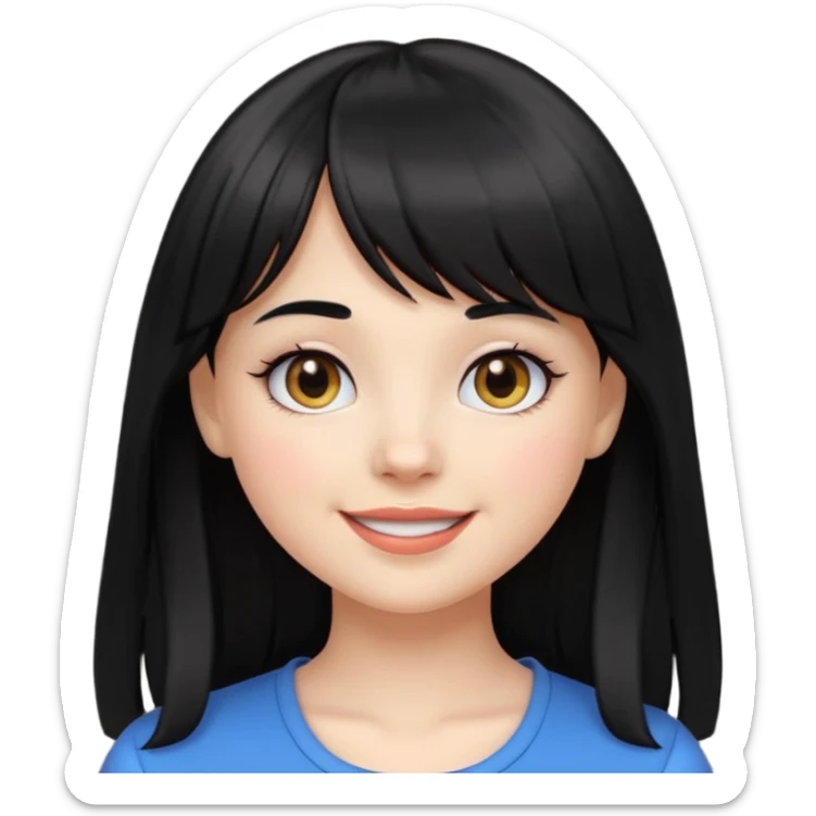 pretty white girl with long black hair and thick bangs, very dark brown eyes, simple facial features, round face, emoji style sticker