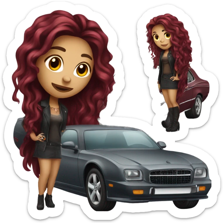 Beautiful tattooed burgundy long haired woman standing next to a car sticker