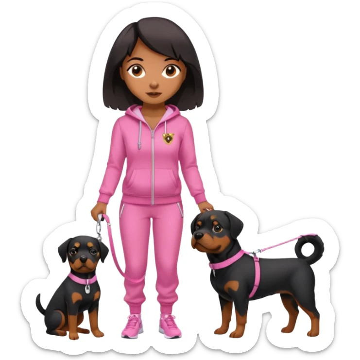 Rottweiler on one leash by African American woman in all pink track suit sticker