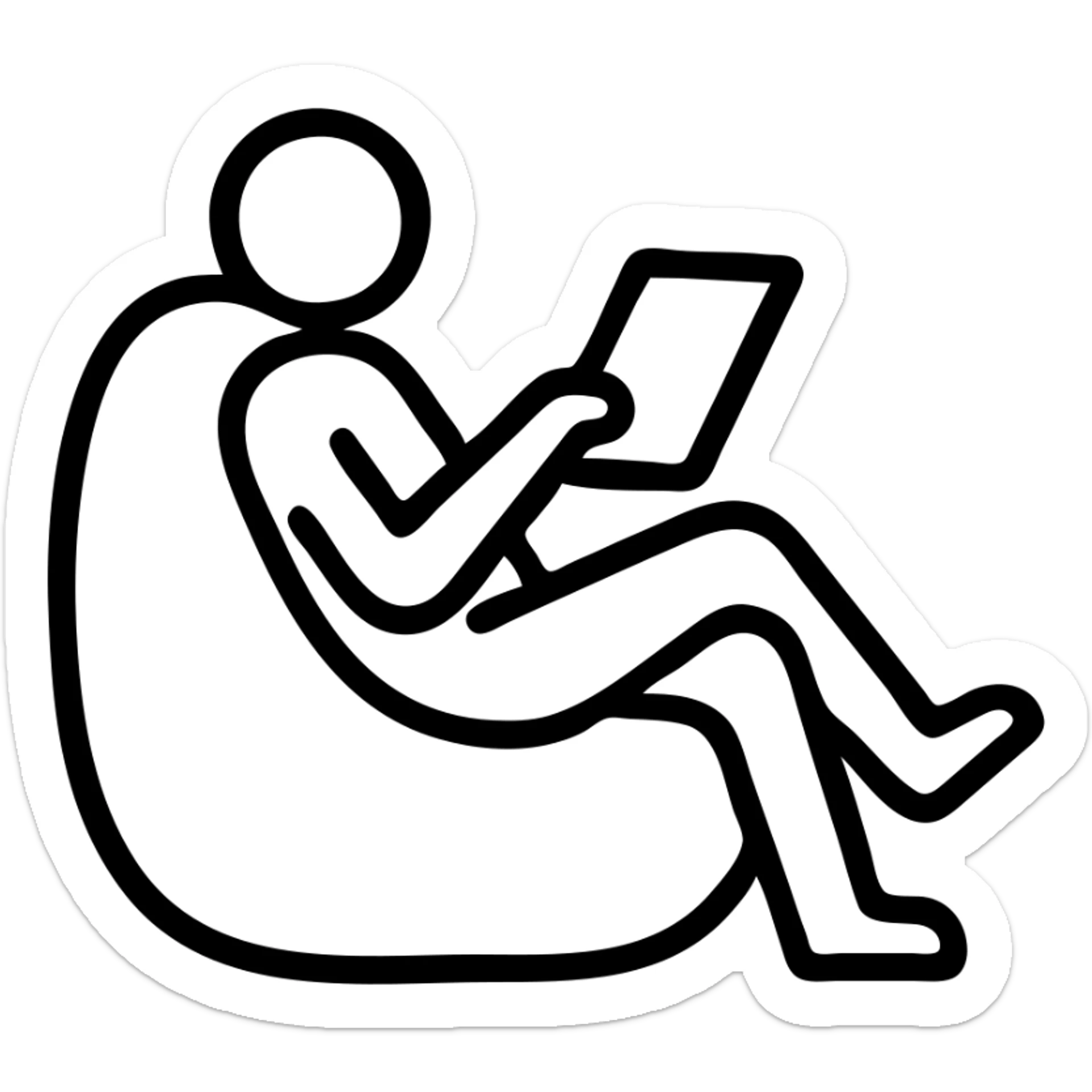 minimalist icon of a lazy SMM specialist sitting in a bean bag chair with a tablet, relaxed style sticker