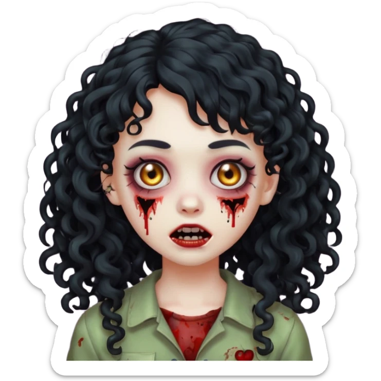 Emoji garota zombie com cabelo preto cacheado longo com franja cacheada sem volume sticker