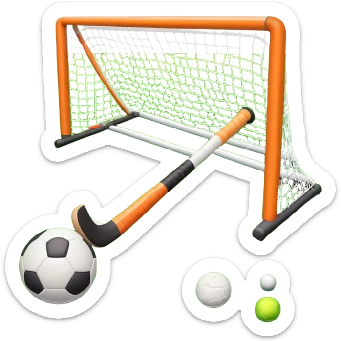 field hockey stick and ball on vibrant green grass field with goalposts sticker