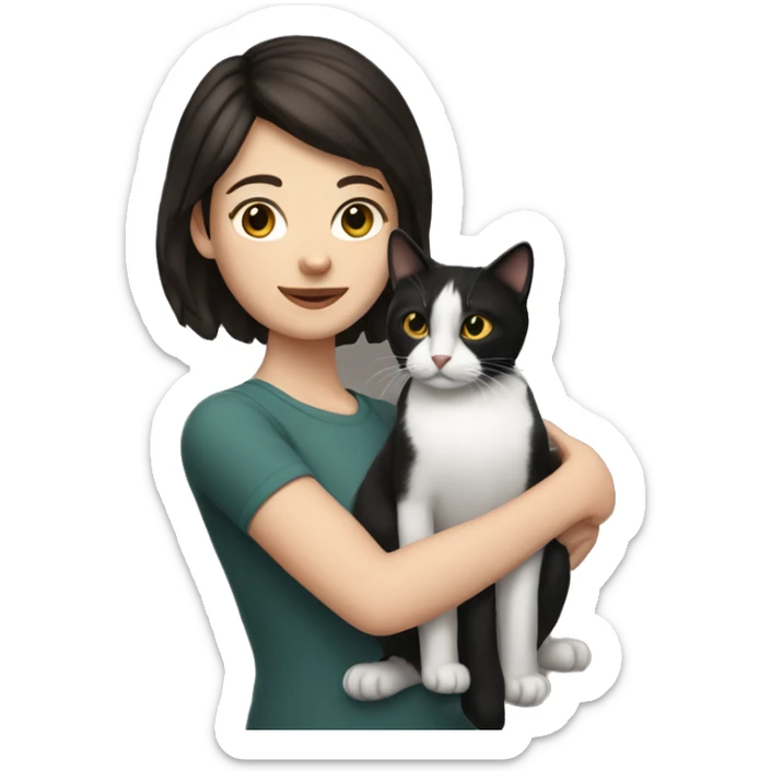 white woman with short dark brown hair holding one black and white cat sticker