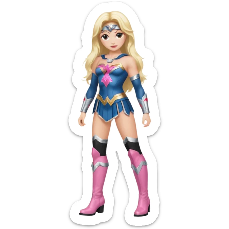 Wonderwoman, long blond hair with pink highlights, black-pink leather outfit, white knee high boots sticker