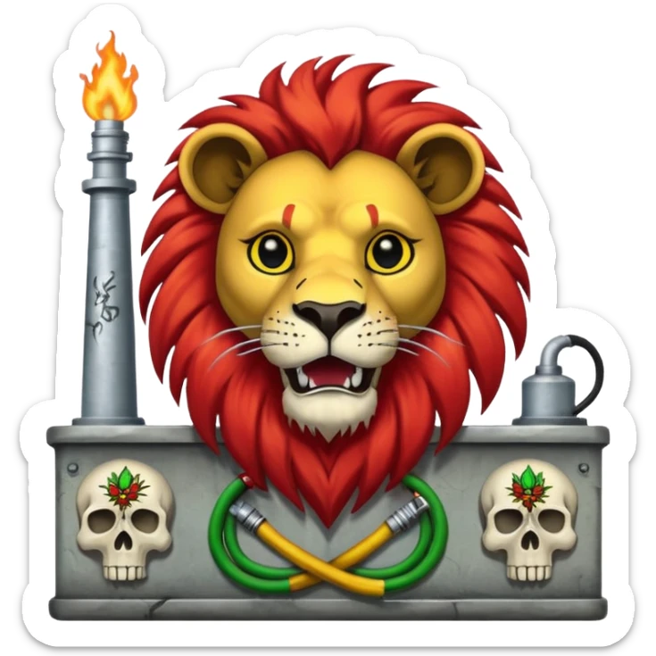 Create a power station with a rasta cap on with red gold green grafite of a lion and skulls with Fred the fossibot grafted on it sticker