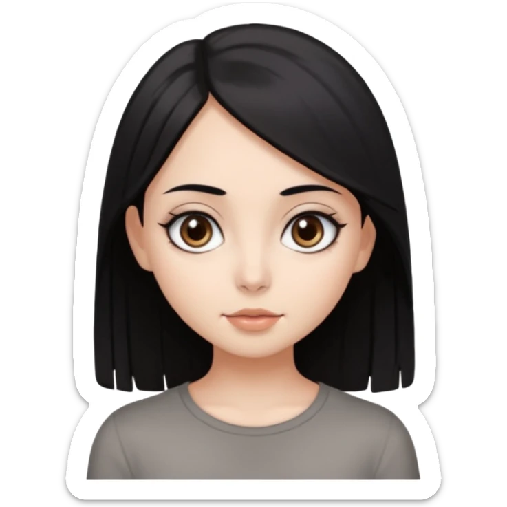 A very beautiful girl, she has black hair, dark chocolate-coloured eyes, an indirect small nose. medium-length hair, perfectly straight. big eyes. she is wearing a gray top, white skin colour. sticker