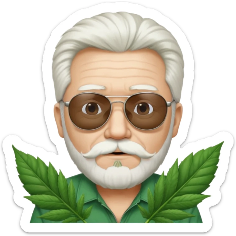An old skinny guy in his 50's with white hair and stumbly small white beard, he wears a pair of sunglassed and holds a Big marihuana leaf  sticker