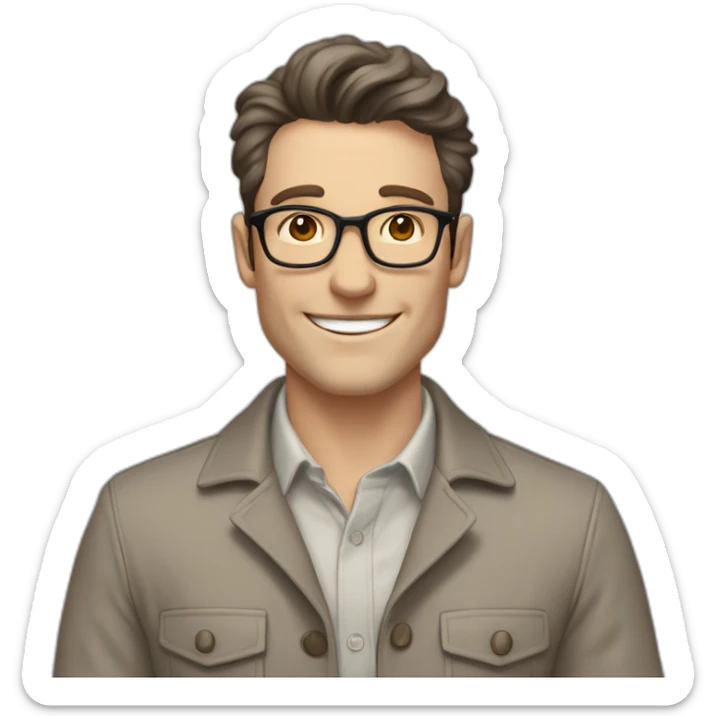 Joyful Pale skinned Fit Man With dark brown hair in gray jacket, beige office shirt, Brown pants and vintage glasses. His thrumbs up sticker