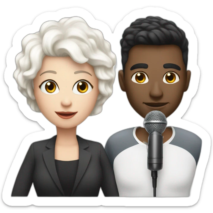White man with dark hair next to a white woman with very short white hair, podcasting with mics and a MacBook sticker