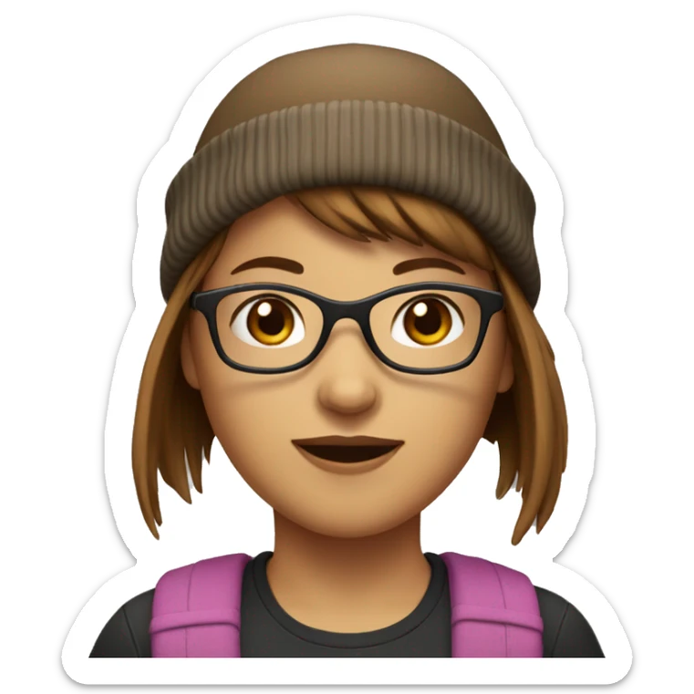 Girl with brown short hair and bangs with glasses and wearing a beanie  sticker