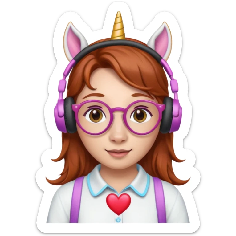 headphone wearing unicorn with dark ginger hair and heart shaped spectacles sticker